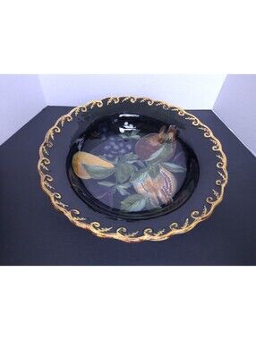 Vintage Pompeii Black Ceramic Fruit Motif Serving Bowl - Gold Scalloped Edge 14"